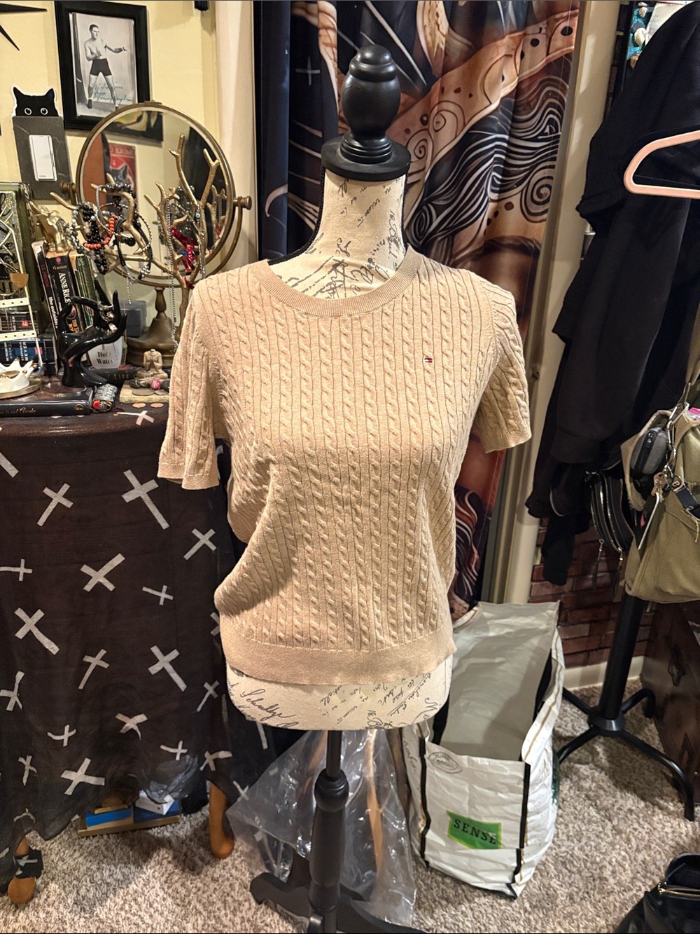 Tommy Hilfiger Women's Short Sleeve Cable Knit Sweater in Beige